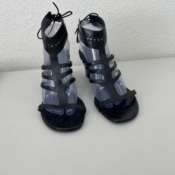 Carritz Arae Black Leather Heeled Open Toe Ankle Strap Sandals Shoes Womens 40 - Picture 2 of 7